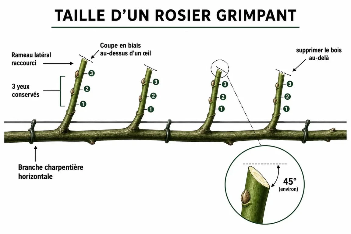 Schéma explicatif de la taille des rosiers grimpants : coupe des rameaux latéraux