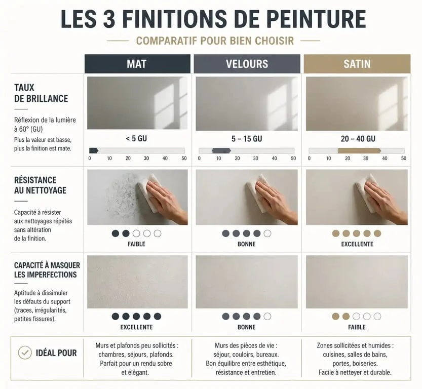 Comparatif des finitions de peinture : Mat, Velours et Satin pour Guittet Satinéa Velours