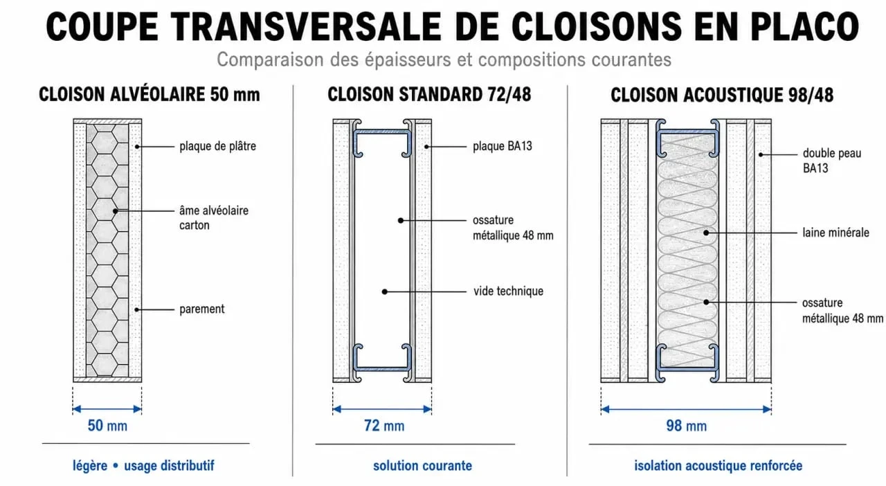 Schéma technique des épaisseurs de cloison Placo : 50mm, 72/48 et 98/48