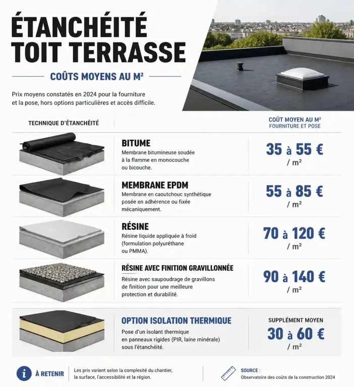 Infographie comparative des prix au m2 pour l'étanchéité d'un toit terrasse