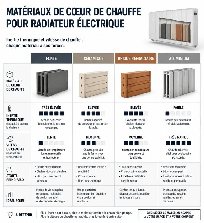 Comparatif des matériaux pour radiateur à inertie sèche 2000W : fonte, céramique et aluminium.