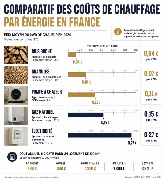 Comparatif des coûts du chauffage par énergie : bois, pompe à chaleur, gaz et électricité.