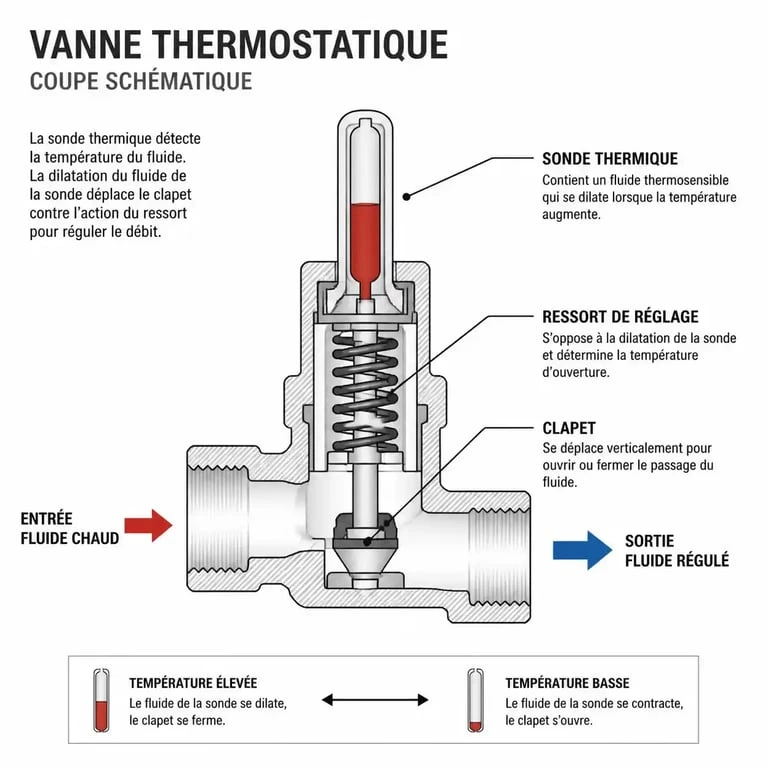 Schéma du fonctionnement d'une vanne thermostatique avec sonde et clapet