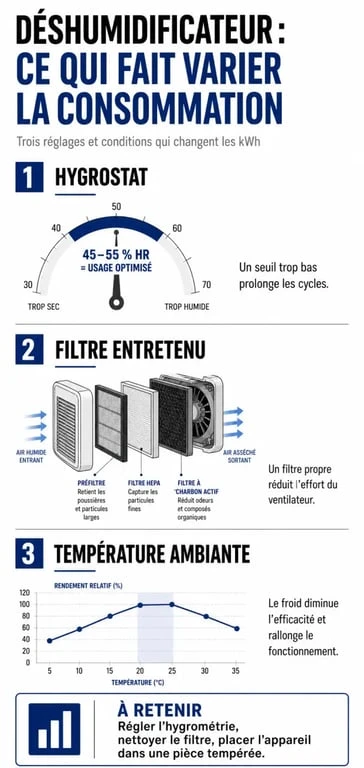 Infographie illustrant les facteurs influençant la consommation électrique d'un déshumidificateur