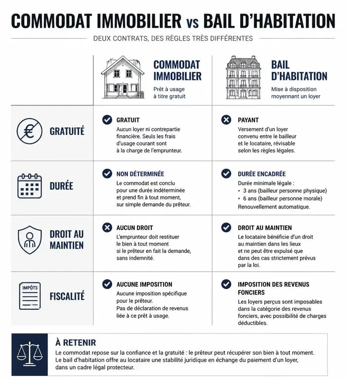 Tableau comparatif entre commodat immobilier et bail d'habitation