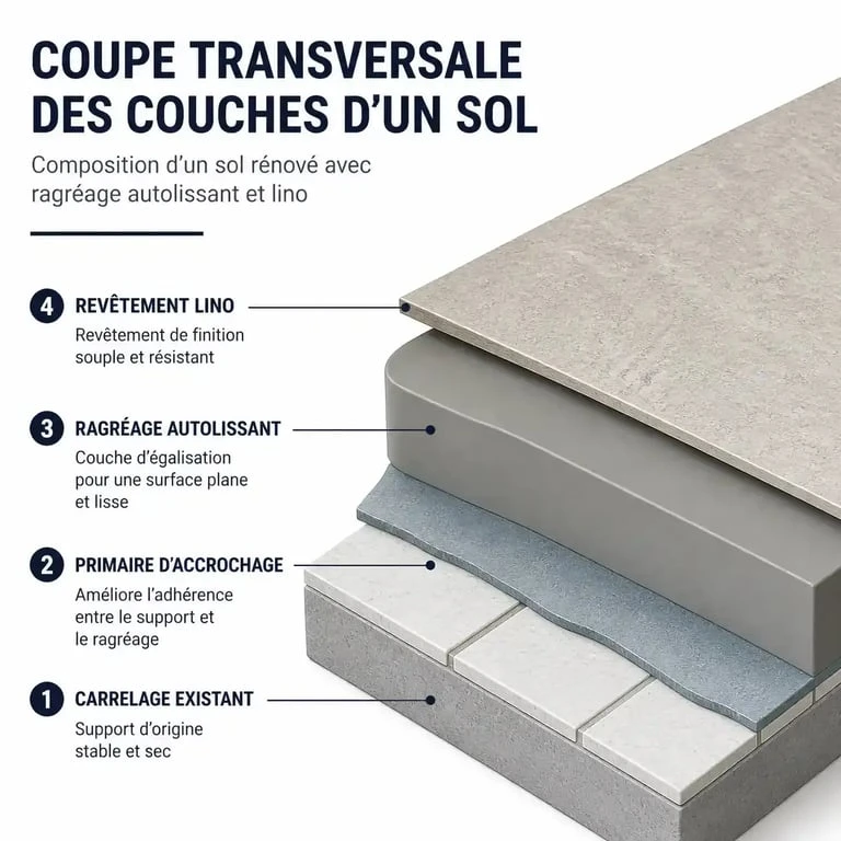 Schéma technique de la pose de lino sur carrelage montrant les différentes couches de préparation du sol