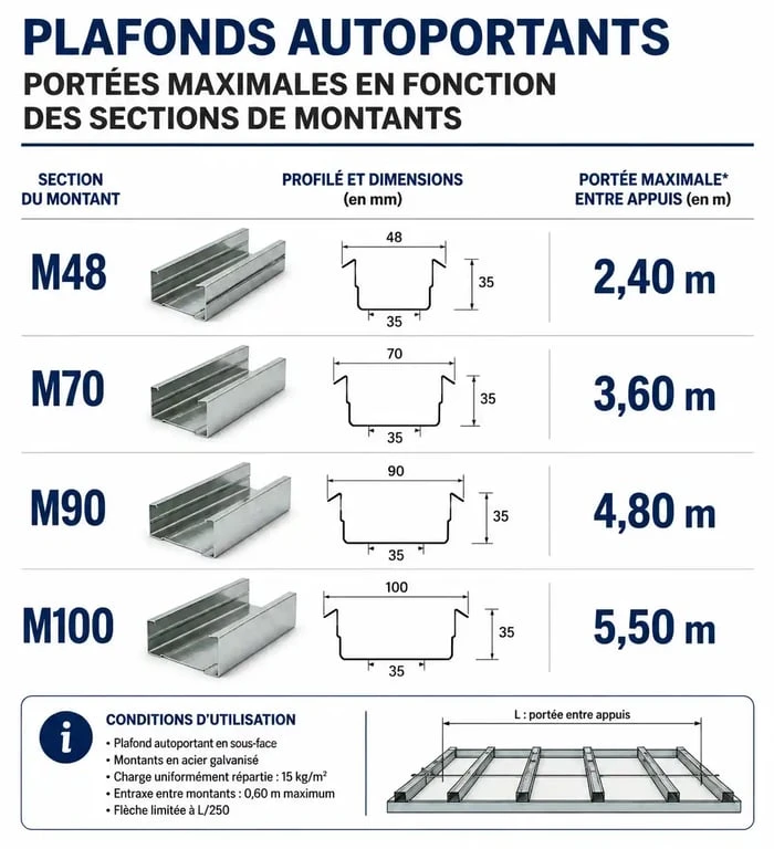 Tableau comparatif des portées maximales pour plafond autoportant selon la section des montants