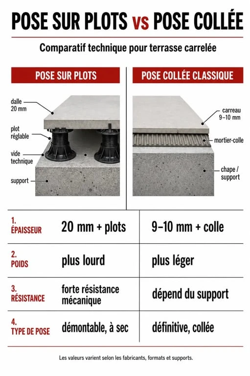 Tableau comparatif des inconvénients et avantages : pose de carrelage sur plots vs pose collée classique pour terrasse.