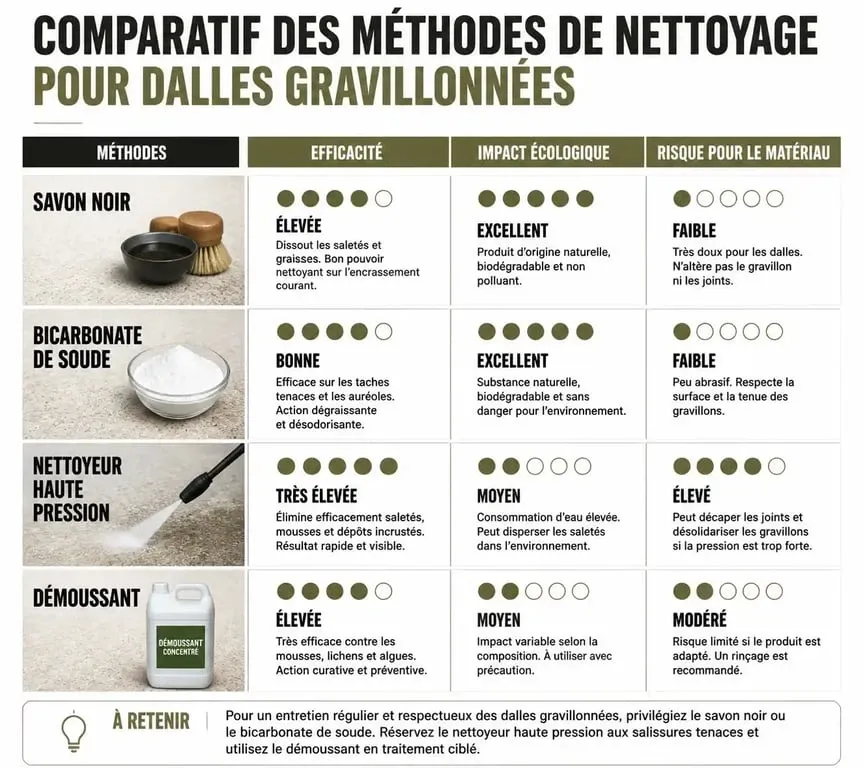 Infographie comparative des méthodes pour nettoyer des dalles gravillonnées noircies