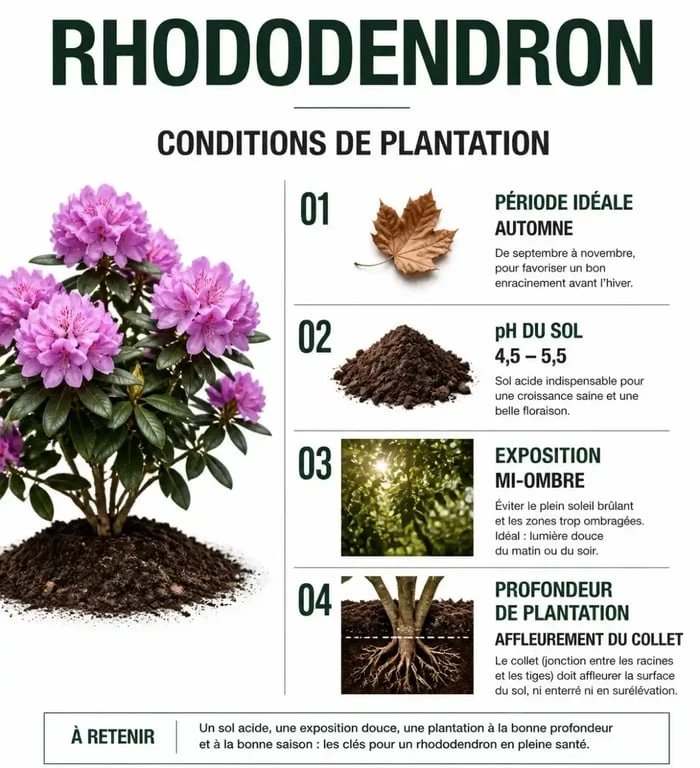 Infographie des conditions idéales pour planter un rhododendron : sol acide, mi-ombre et période de plantation