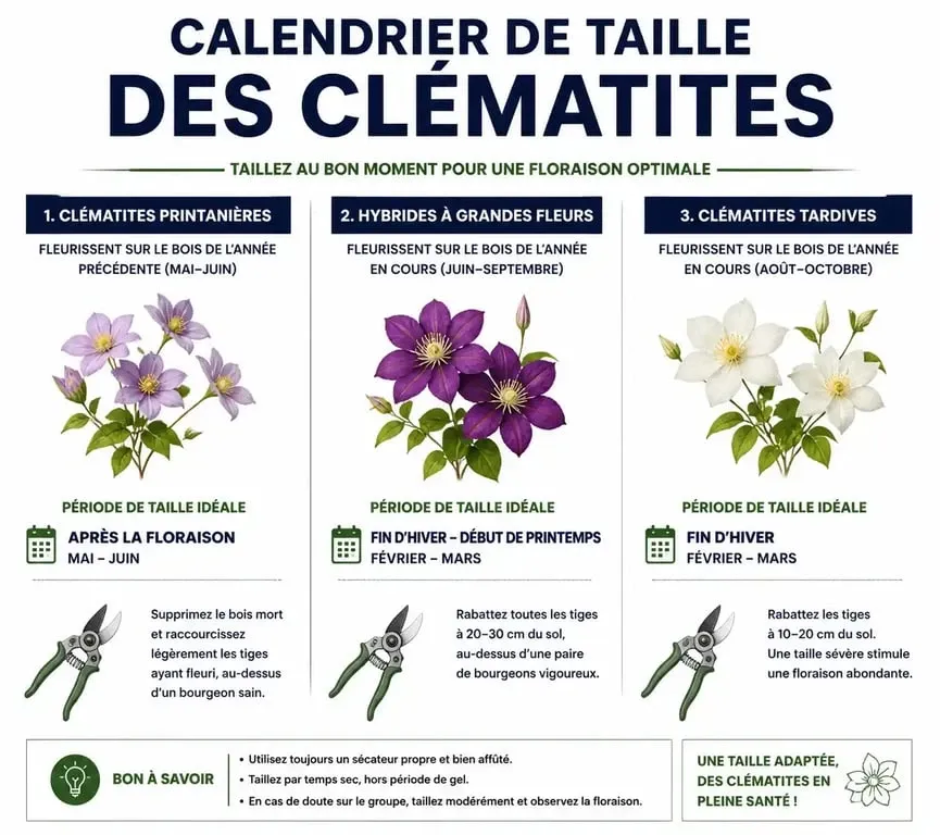 Infographie récapitulative pour savoir quand tailler la clématite selon sa variété