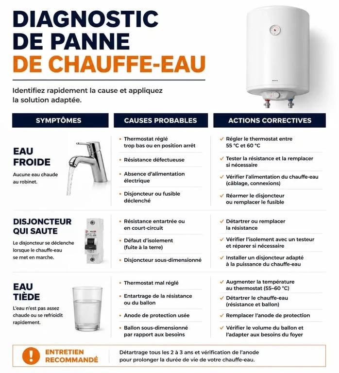 Infographie de diagnostic pour comprendre pourquoi je n'ai plus d'eau chaude et comment réparer son chauffe-eau