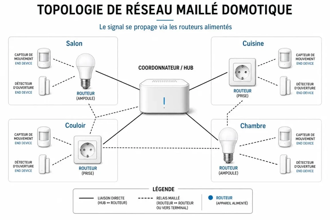 Schéma de fonctionnement d'un réseau maillé Zigbee pour la domotique avec coordonnateur, routeurs et capteurs