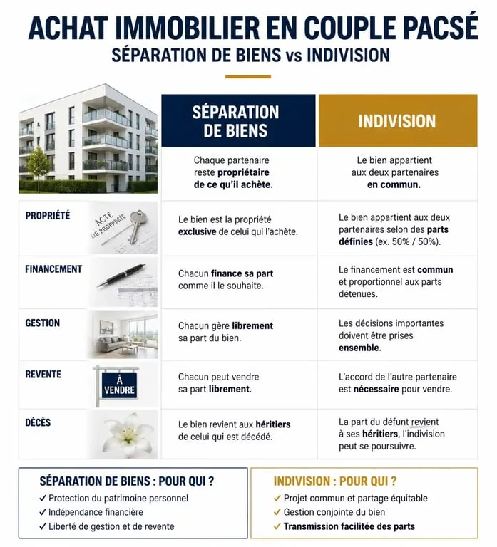 Comparatif des régimes patrimoniaux pour un achat immobilier sous PACS : séparation de biens vs indivision.