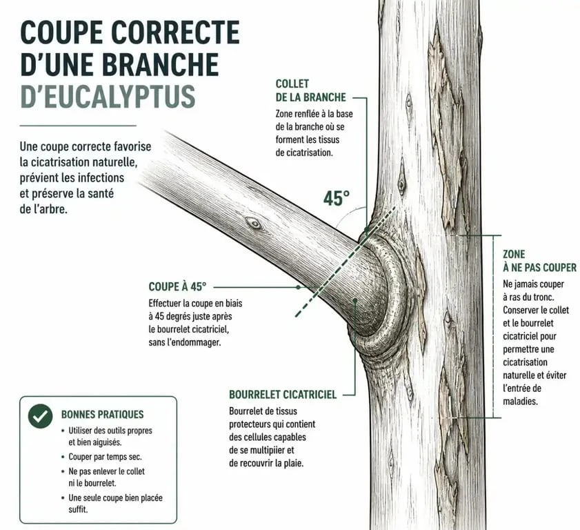 Schéma technique montrant comment tailler correctement une branche d'eucalyptus en respectant le collet