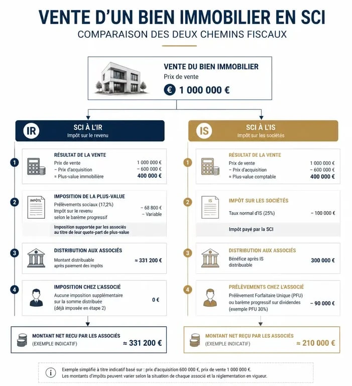 Schéma du processus de récupération de l'argent de la vente d'un bien en SCI selon le régime fiscal