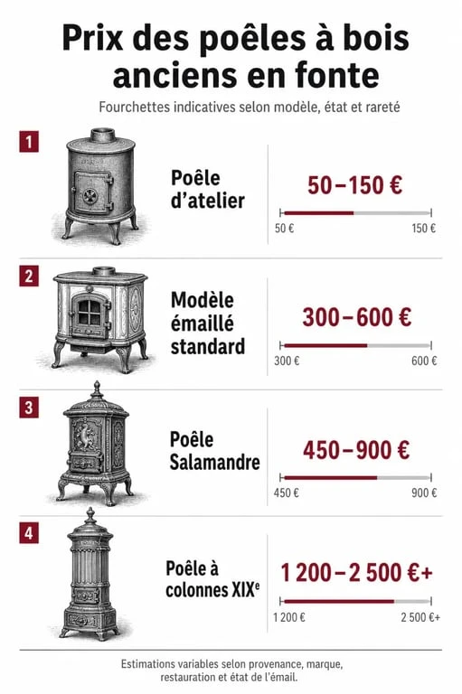 Infographie des prix des poêles à bois anciens en fonte selon le modèle et l'état