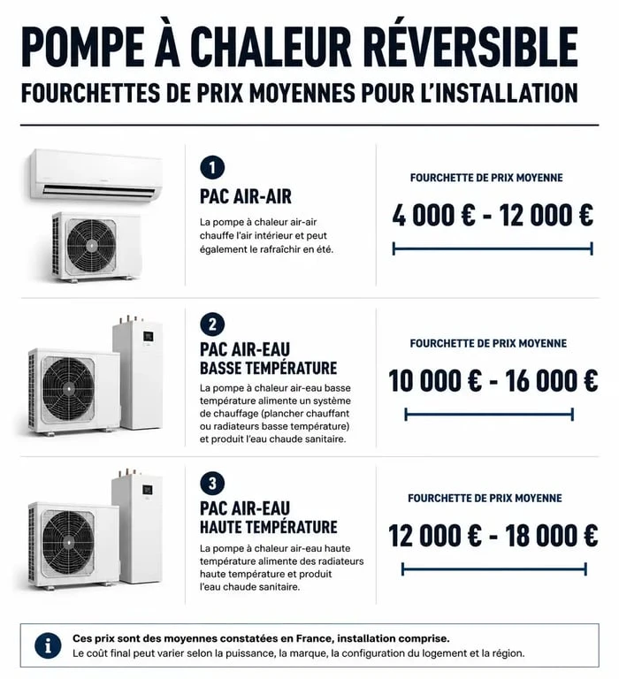 Comparatif des prix d'installation d'une pompe à chaleur clim réversible par technologie