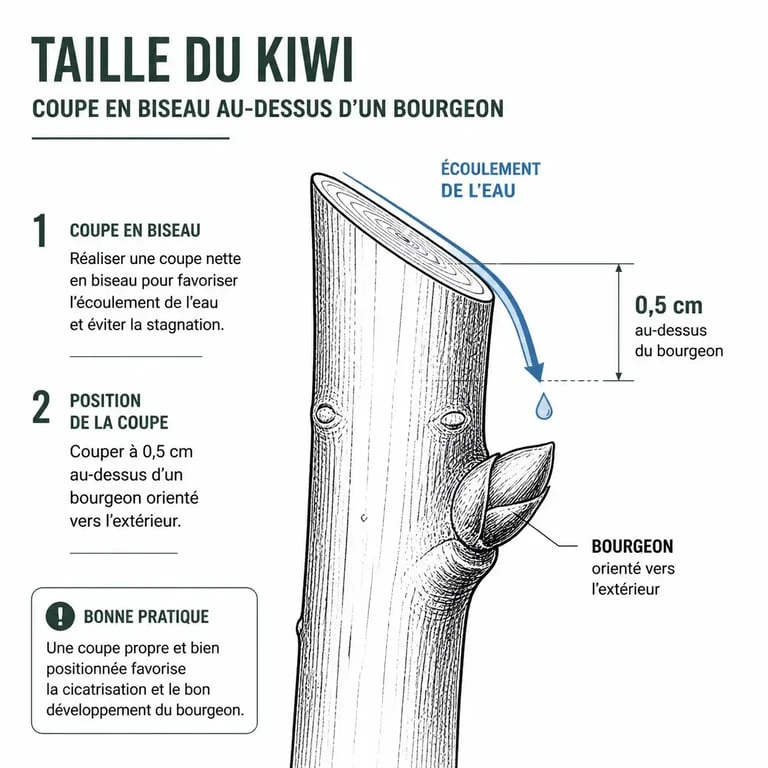 Schéma technique de la taille du kiwi : coupe en biseau au-dessus d'un bourgeon