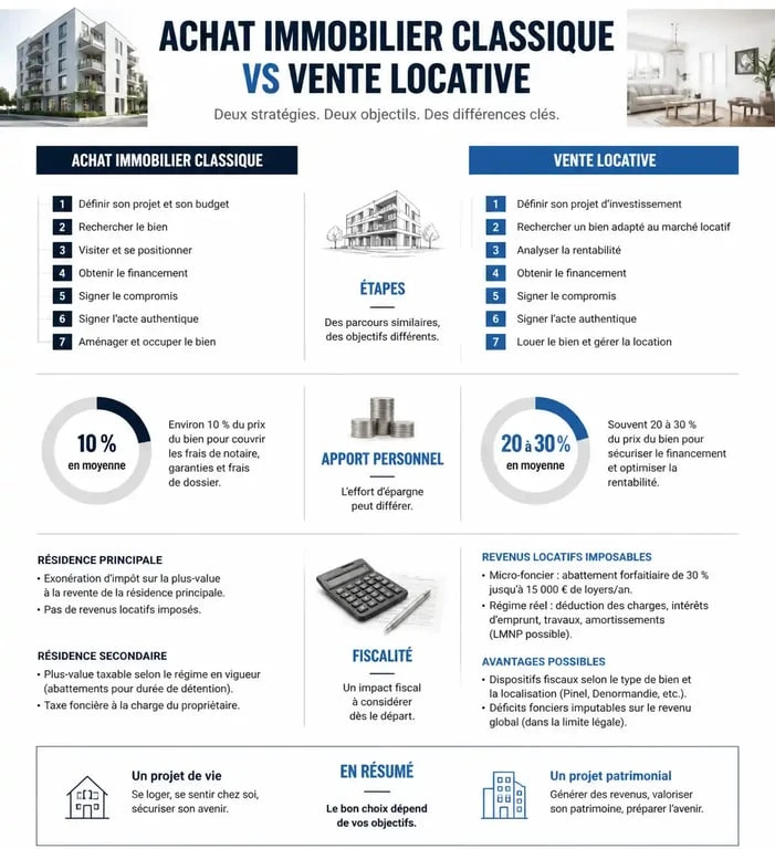Infographie comparative entre achat immobilier classique et vente locative pour comprendre les avantages de l'accession à la propriété.