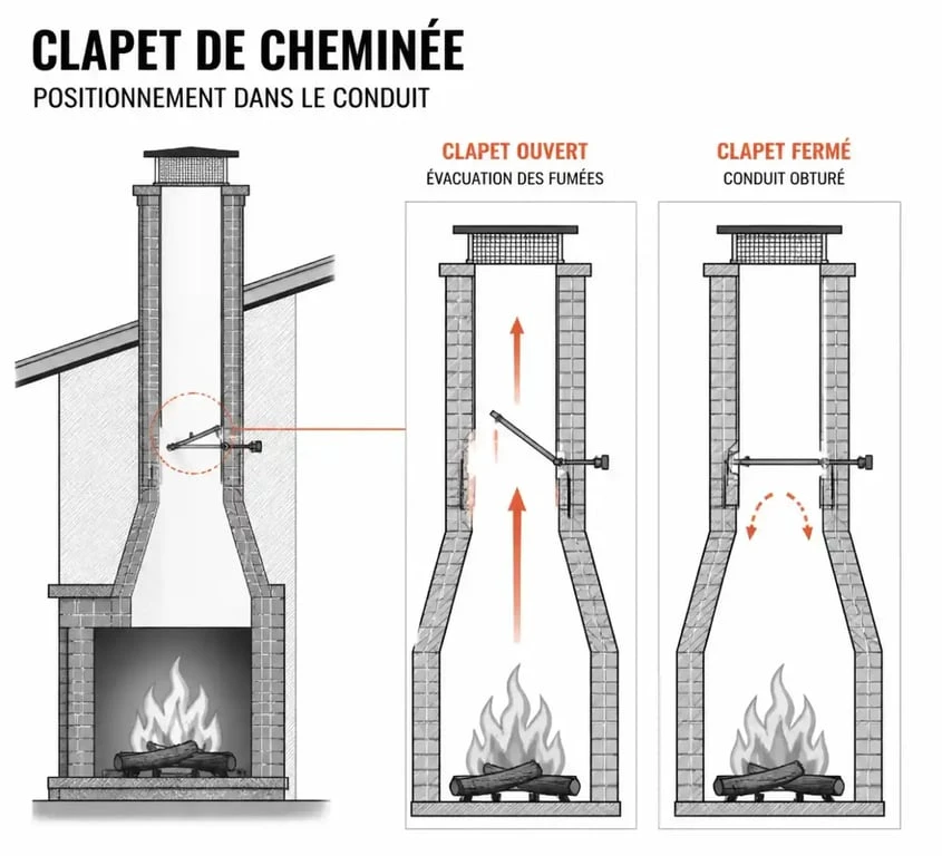 Schéma de fonctionnement d'un clapet de cheminée dans un conduit pour optimiser le tirage et la sécurité.