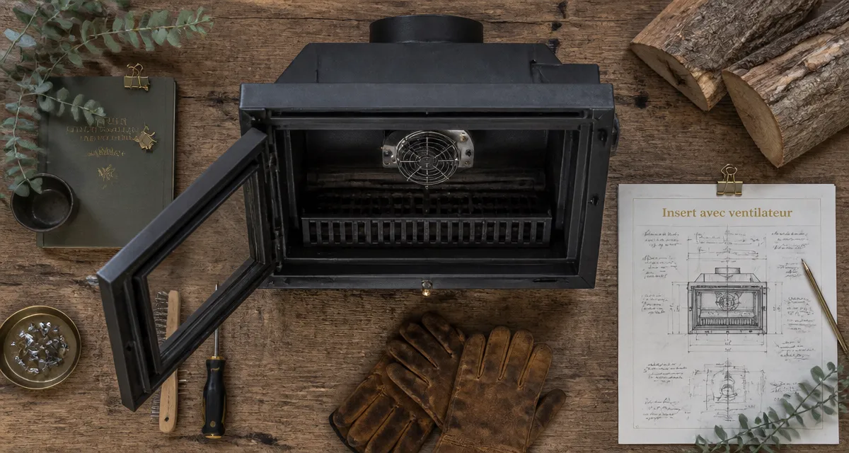 Insert avec ventilateur fonctionnement, vue flat-lay et outils