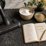 Nettoyer une moquette : bicarbonate, vinaigre et brosse douce sur moquette grise