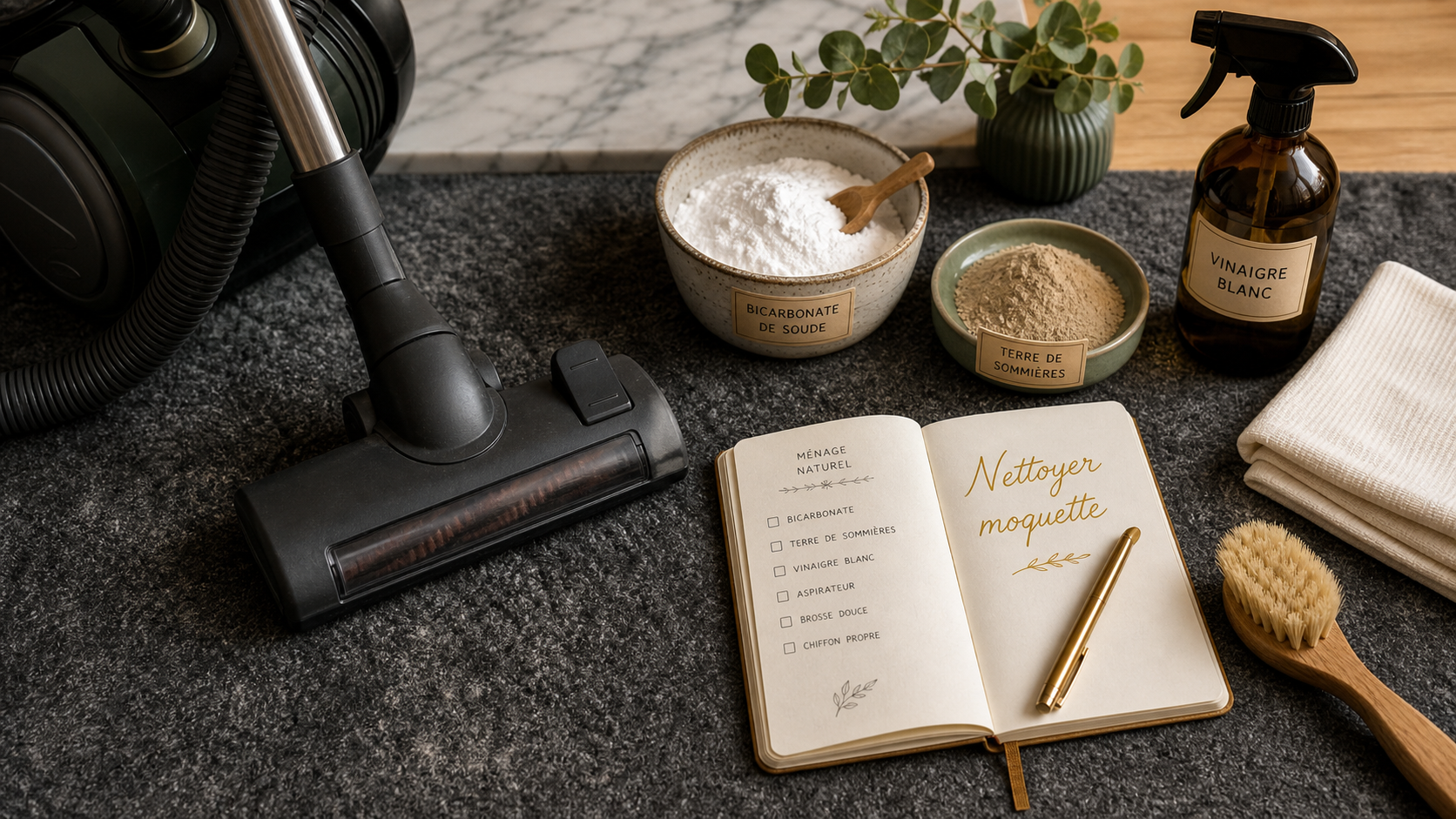 Nettoyer une moquette : bicarbonate, vinaigre et brosse douce sur moquette grise