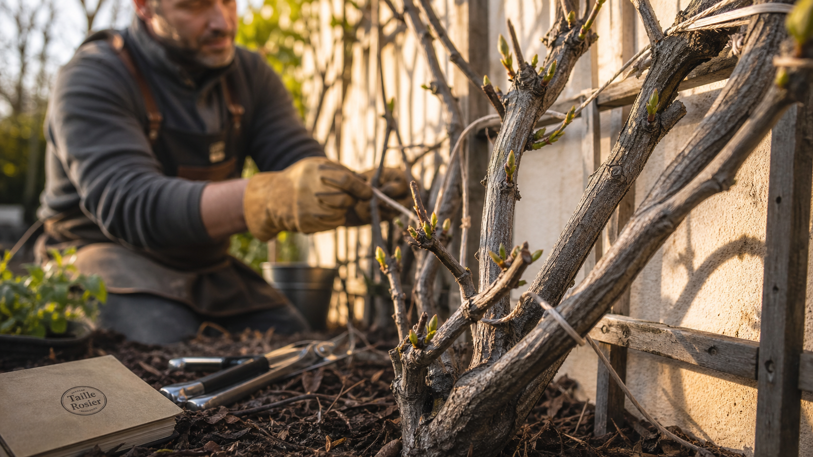 Quand et comment tailler les rosiers grimpants : jardinier taille sur treillage