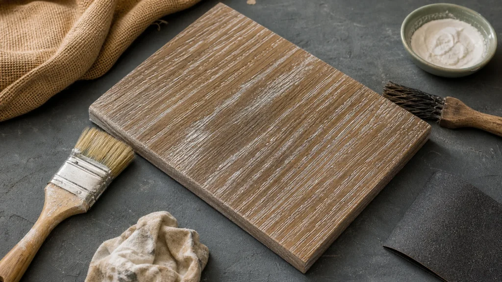 Ceruser un bois : chêne cérusé avec pinceau et produit blanchissant en atelier