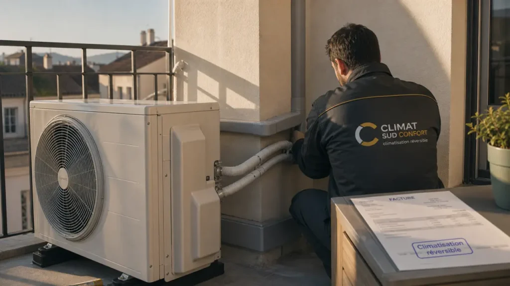 Climatisation appartement balcon Toulon : technicien et groupe extérieur réversible