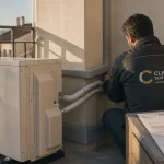 Climatisation appartement balcon Toulon : technicien et groupe extérieur réversible