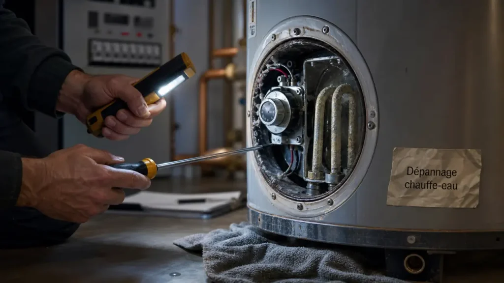 Depannage chauffe eau : technicien vérifie fuite, disjonction et eau froide