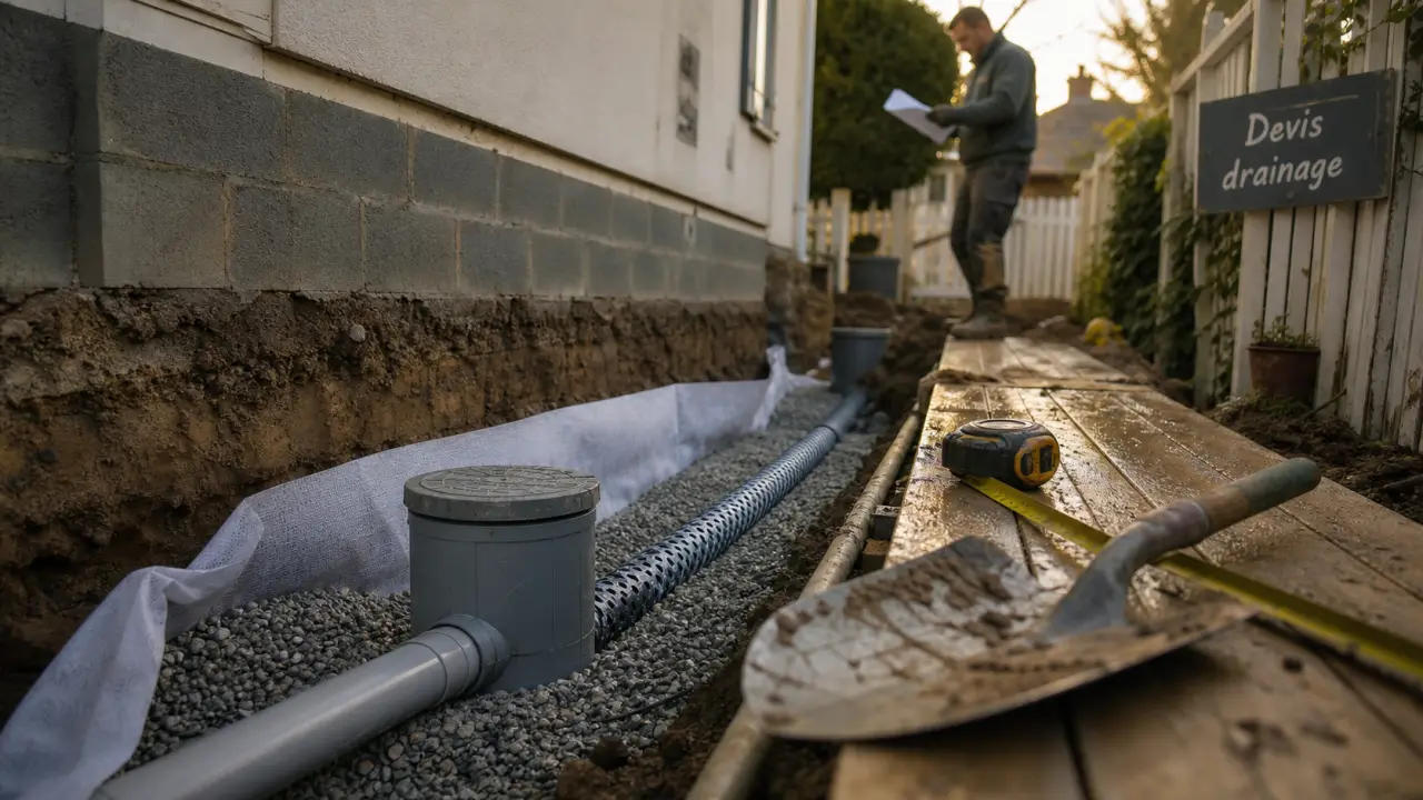 Devis travaux drainage : drain autour des fondations vers exutoire