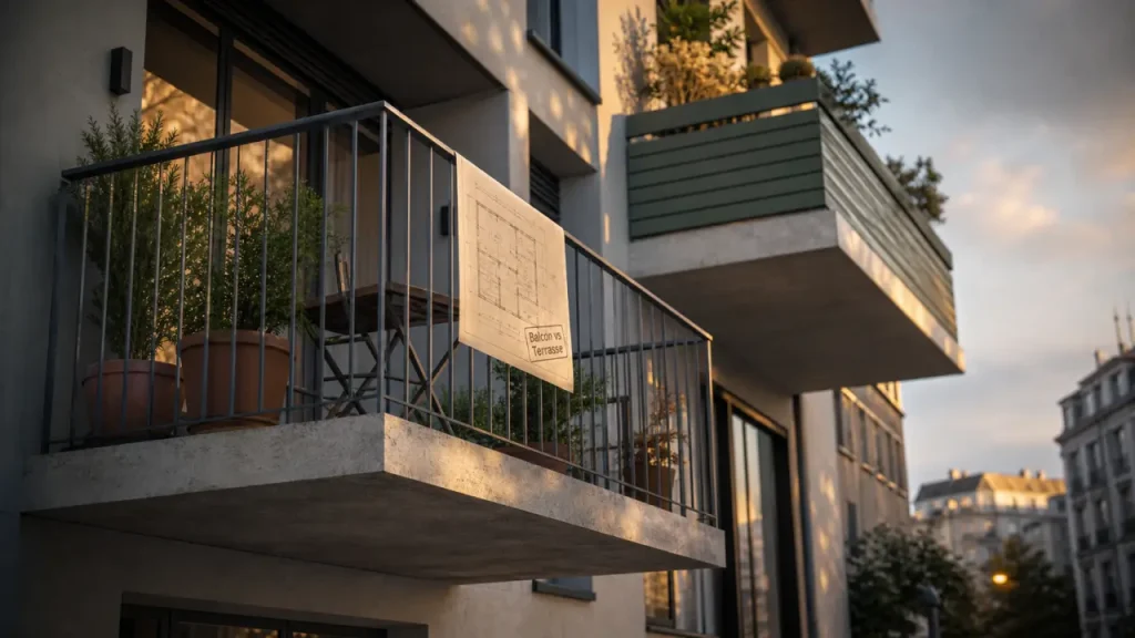 Difference balcon terrasse : balcon et terrasse sur façade moderne