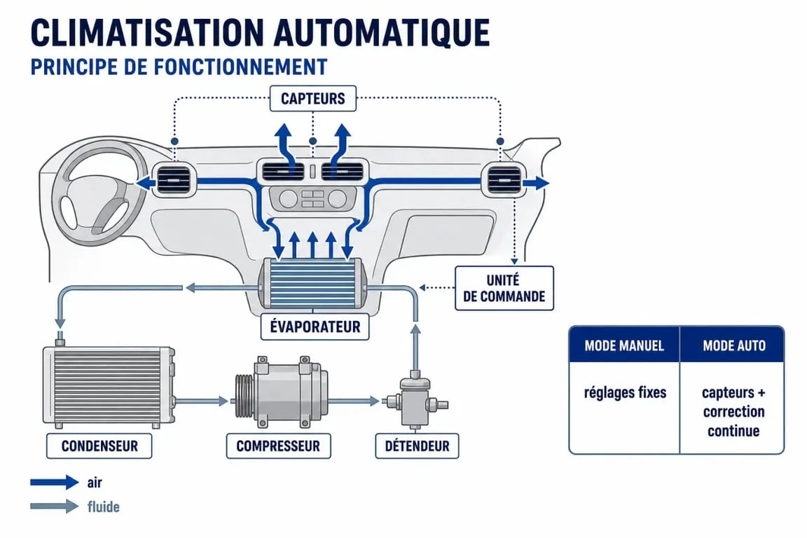 Climatisation automatique : schéma simplifié d’un système automobile avec flux d’air et composants principaux