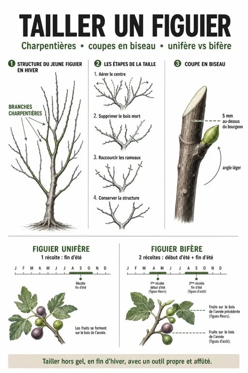 Infographie sur quand et comment tailler un figuier pour optimiser la récolte