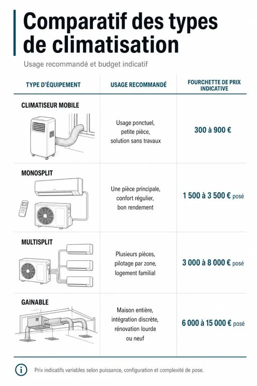 Infographie comparative des prix et usages des différents types de climatisation réversible