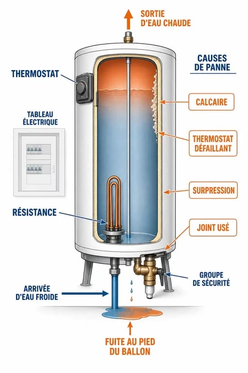 Dépannage chauffe eau : schéma simplifié d’un chauffe-eau domestique avec thermostat, résistance et fuite au pied du ballon