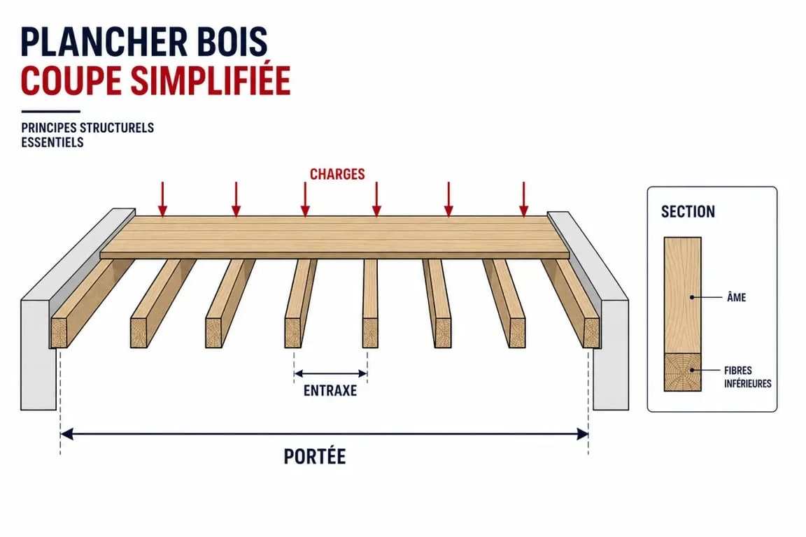 Abaque solivage : schéma éditorial d’un plancher bois avec portée et entraxe