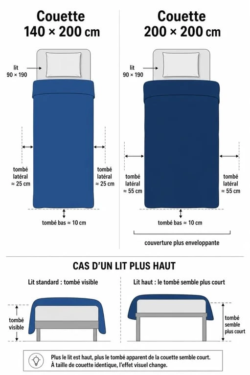 Taille de couette pour lit 90x190 : comparaison visuelle entre 140x200 cm et 200x200 cm