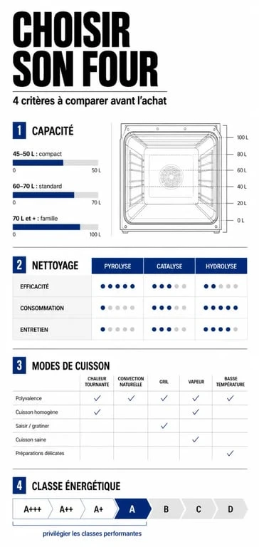 Infographie récapitulative des critères essentiels pour choisir son four : capacité, nettoyage et modes de cuisson.