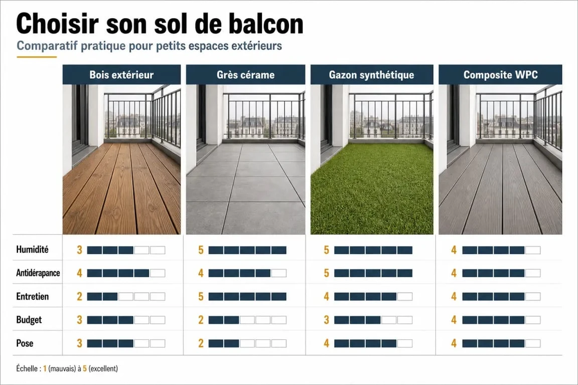 Comparatif revêtement sol balcon entre bois, carrelage, gazon synthétique et composite WPC