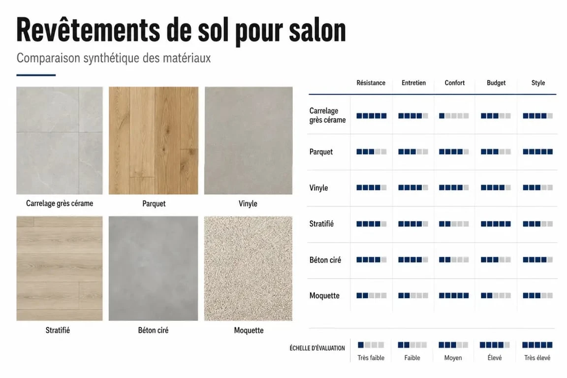 Comparatif sol salon : carrelage, parquet, vinyle, stratifié, béton ciré et moquette