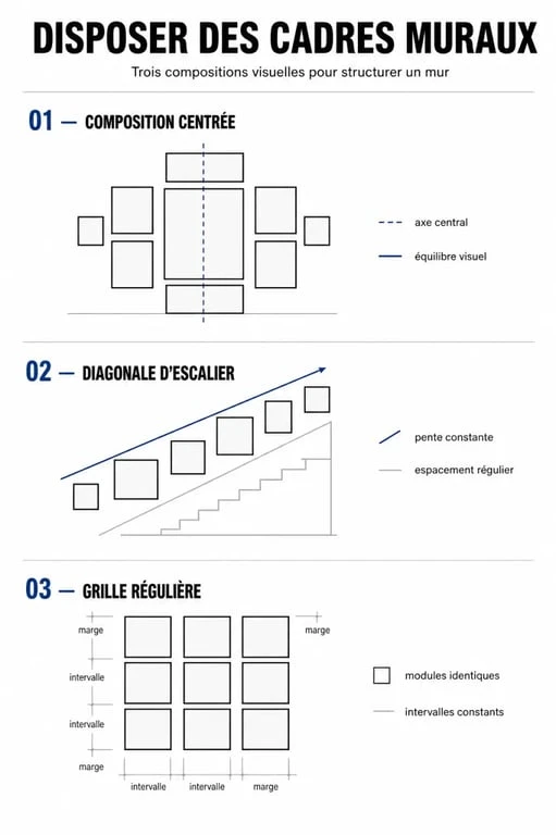 Exemples de disposition de cadre mural : centrée, diagonale et grille pour une décoration harmonieuse.