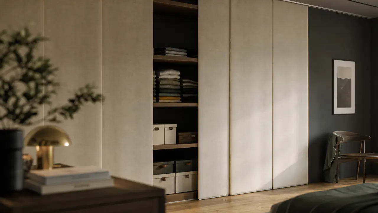 Idée pour fermer un placard sans porte : panneaux japonais coulissants en tissu opaque.