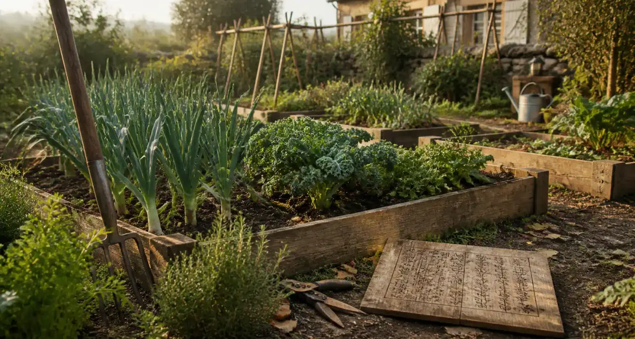 Potager en carrés à l'automne avec outils et plan de plantation
