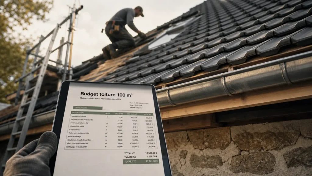 Prix d une toiture 100m2 : pose de tuiles sur chantier, gouttière et sous-toiture