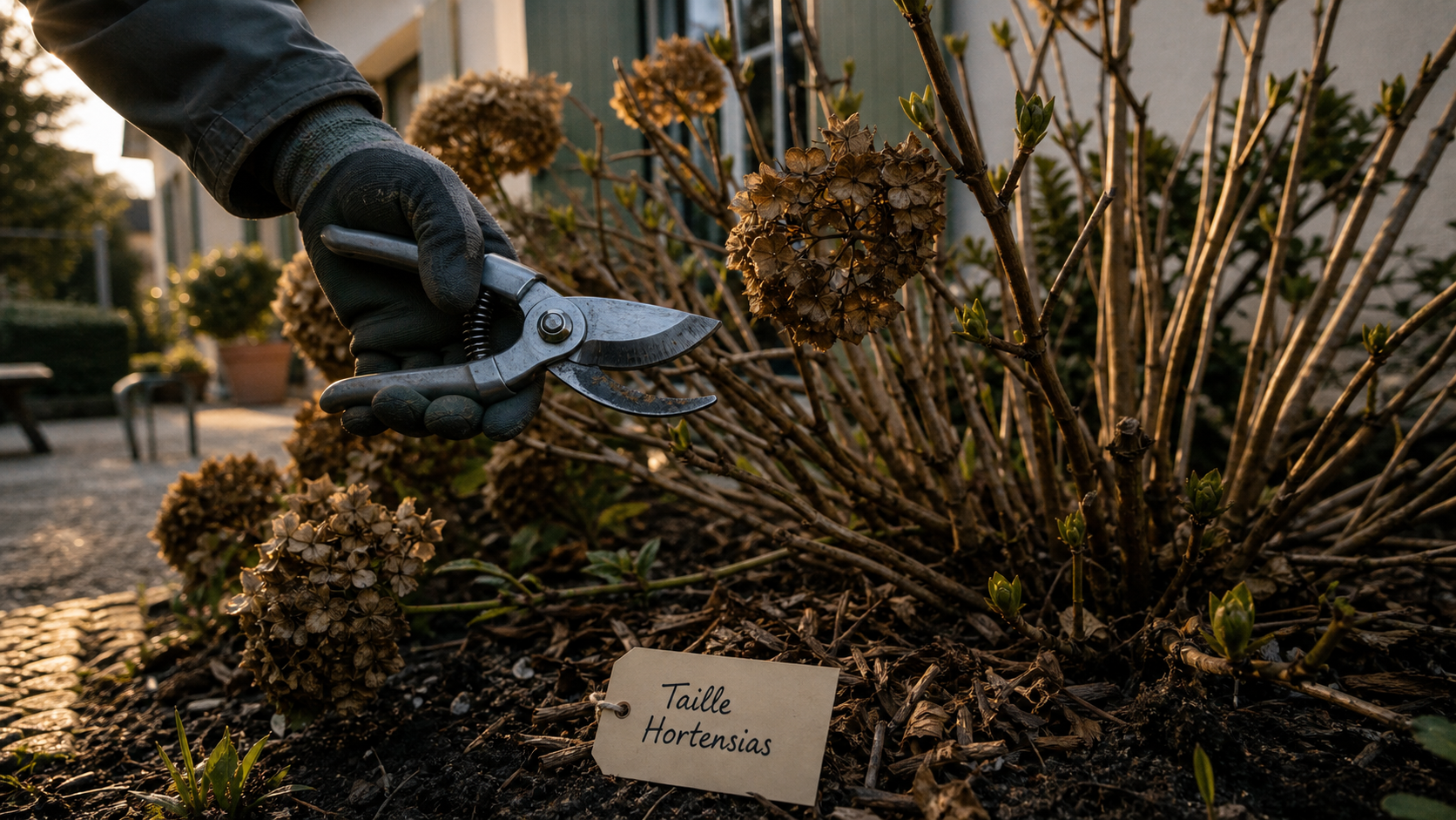 Quand couper hortensia : main au sécateur sur hortensia pour la taille