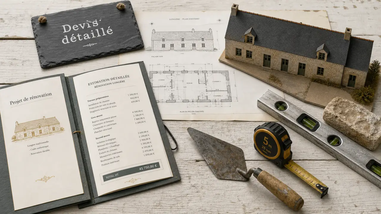 Outils de chantier, niveau et mètre autour d'un devis de rénovation